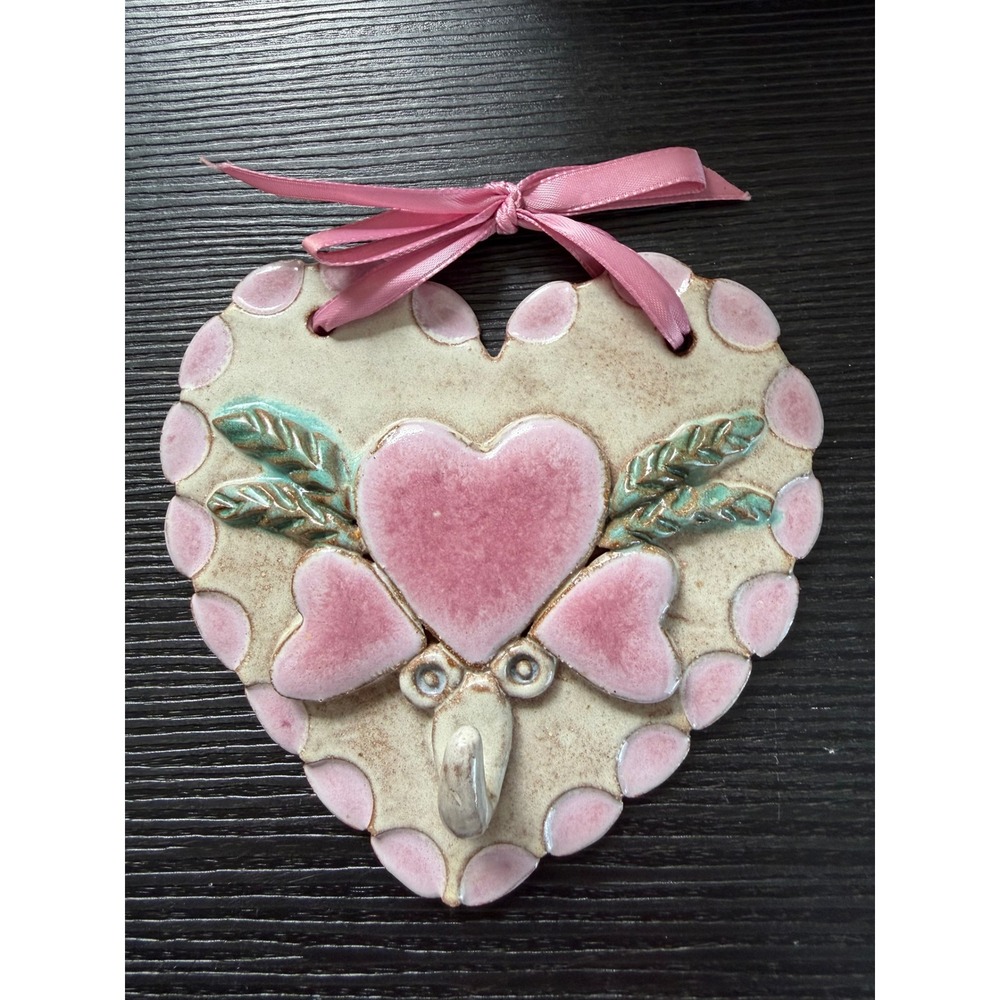 Handmade Ceramic Heart Wall Hook Pink Cottagecore Artisan Pottery Hanging Decor